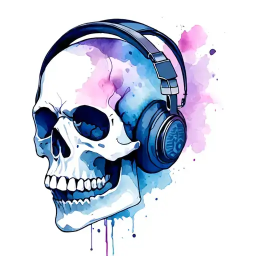 watercolour abstract skull wearing headphones tattoo design idea
