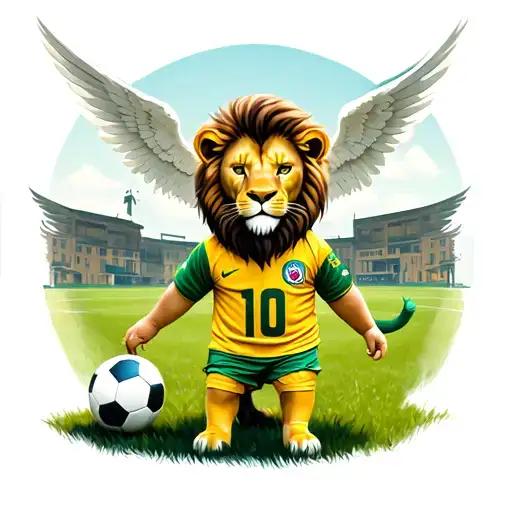 child lion dressed as a footballer with the number 10 in the middle of a field overlooking Brazilian style buildings, and angels with wings tattoo design idea