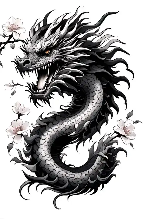 fine line Japanese dragon tattoo with cherry blossoms tattoo design idea