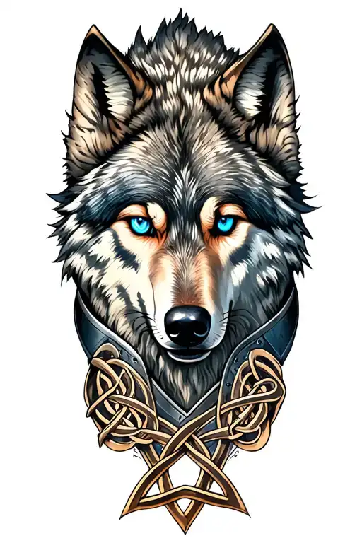 wolf with blue eyes on armor tattoo design featuring Celtic trinity knot  tattoo design idea