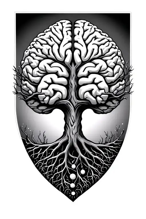 tree of life branches shaped like a brain with roots of serotonin and dopamine compounds tattoo design idea