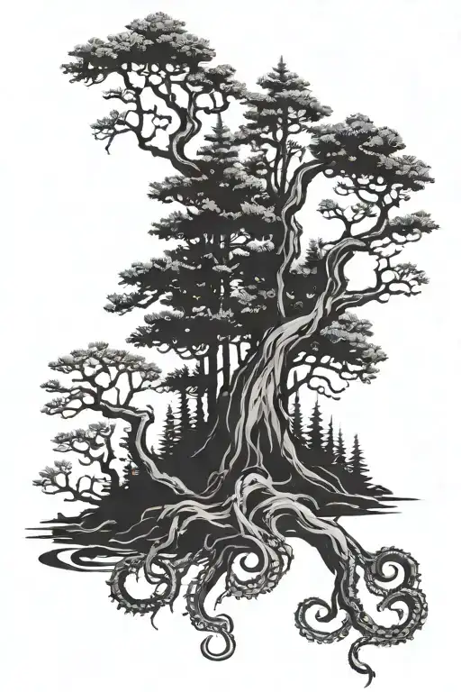 Pine trees And tentacles tattoo design idea