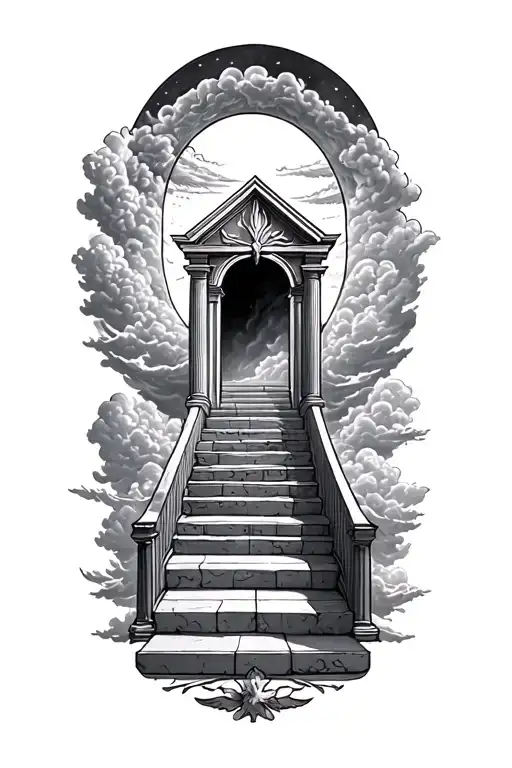 gates of heaven with clouds and staircase circling around arm tattoo design idea