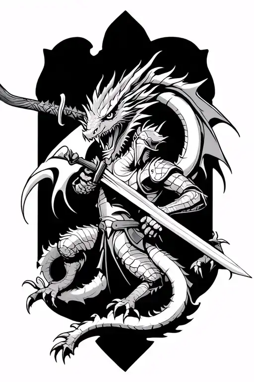dragon fighting a knight holding a sword piercing tattoo design idea