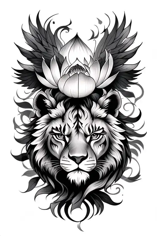 Lotus flower, lioness, phoenix, evileye protection tattoo design idea