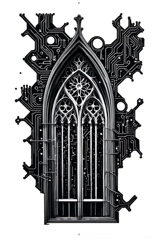 gothic cathedral window trasitioning into a circuitboard tattoo design idea