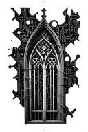 gothic cathedral window trasitioning into a circuitboard tattoo design idea