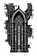 gothic cathedral window trasitioning into a circuitboard tattoo design idea