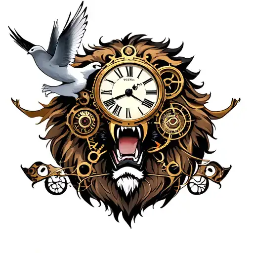 Roaring lion head, with steampunk style clock and dove. Shoulder position and finished before the elbow tattoo design idea