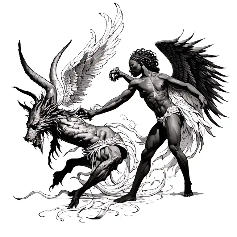 African angel fighting a demon  tattoo design idea