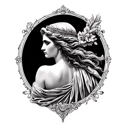 Create a full back con cintura tattoo for women in black and white of a Greek goddess that can be compared to Leo♌️ tattoo design idea