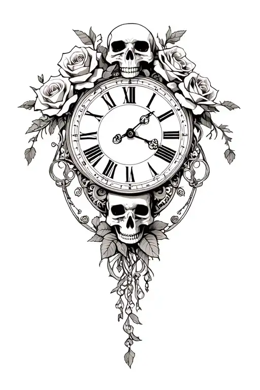 grandfather clock with skulls and roses intertwined tattoo design idea