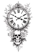 grandfather clock with skulls and roses intertwined tattoo design idea