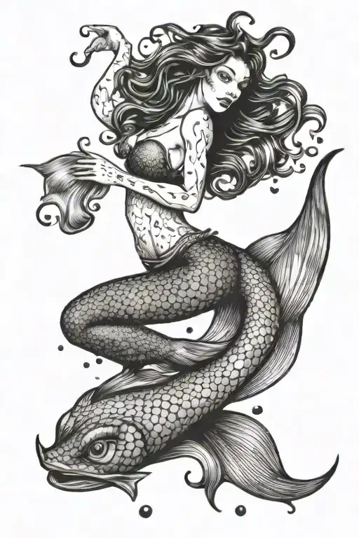 mermaid swimming upstream tattoo design idea