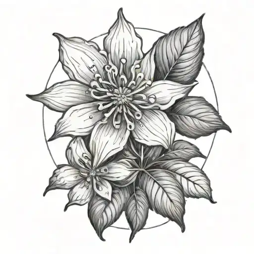 clematis with sun alchemical symbol, fine line style with dot shading  tattoo design idea