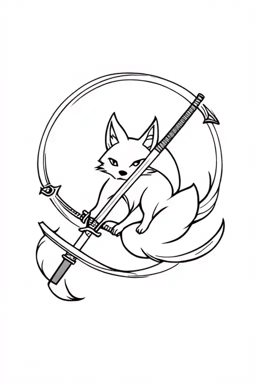 A small fox spinning in a katana swords drawn tattoo design idea