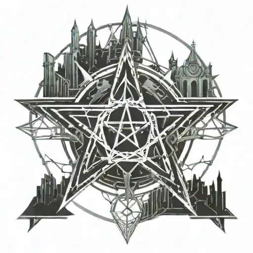 inverted pentagram with gothic castles behind it  tattoo design idea