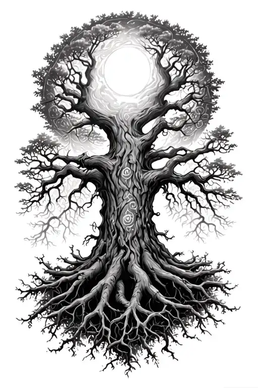 🛡️ Tattoo Concept: “The Watcher at the Roots”🌳 Central Motif: YggdrasilA towering World Tree, its branches reaching  tattoo design idea