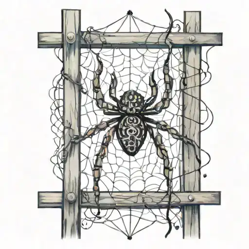 An abstract representation of a spider intertwined with cybersigilism symbols on a fence tattoo design idea