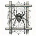 An abstract representation of a spider intertwined with cybersigilism symbols on a fence tattoo design idea