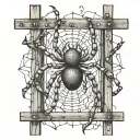 An abstract representation of a spider intertwined with cybersigilism symbols on a fence tattoo design idea