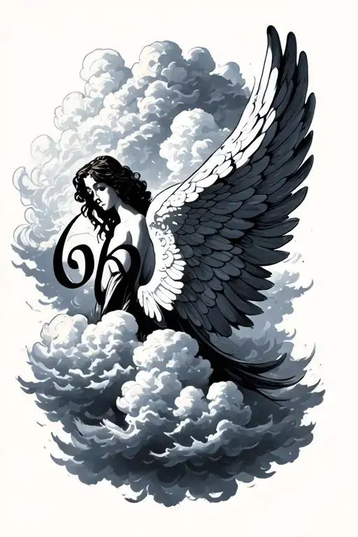 number 66 angel wings, surrounded by clouds forming tattoo design idea