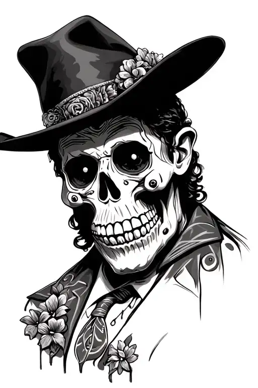 half voodoo man with his hat and half sugar candy man skull based off Louisiana and Mexican culture.  tattoo design idea