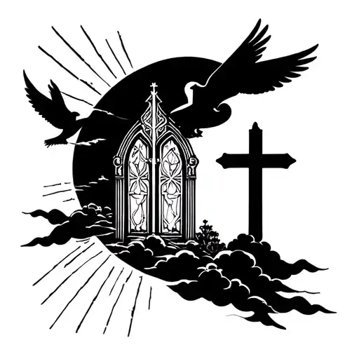 A detailed blackwork tattoo of the gates of heaven, crosses, fluffy clouds, and doves, and rays of light tattoo design idea