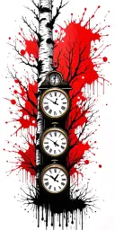 birch tree in summer with three clocks on it tattoo design idea