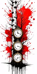 birch tree in summer with three clocks on it tattoo design idea
