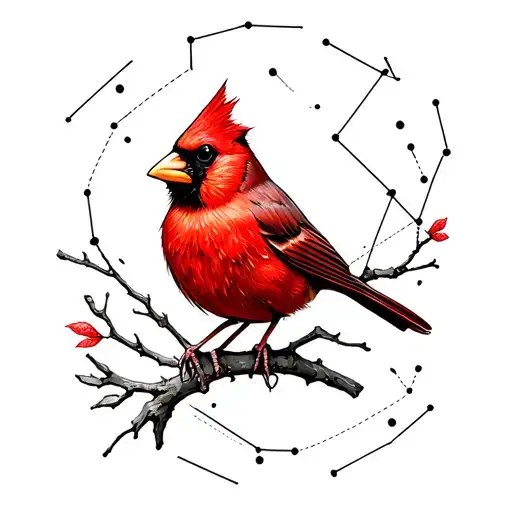 red cardinal bird sitting on a branch shaped like the Pisces constellation tattoo design idea