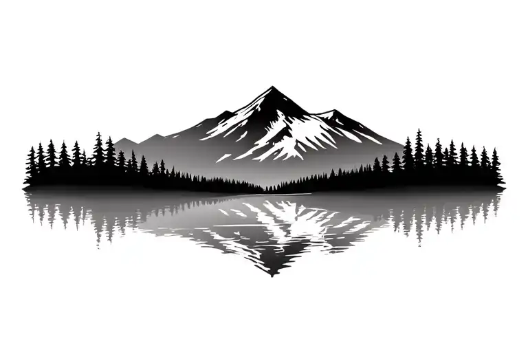 mountain background with trees and lake  tattoo design idea