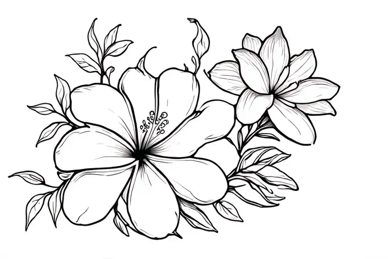 plumeria, hibiscus, lotus, lily, and orchid with some kind of vine  tattoo design idea