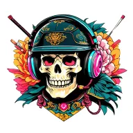 samuraï skull with helmet wearing headphones with neon tattoo design idea