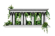 Generate a tattoo of Hanging Gardens of Babylon, focusing on columns and plants, using black for columns and dark green  tattoo design idea