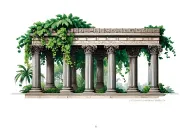 Generate a tattoo of Hanging Gardens of Babylon, focusing on columns and plants, using black for columns and dark green  tattoo design idea
