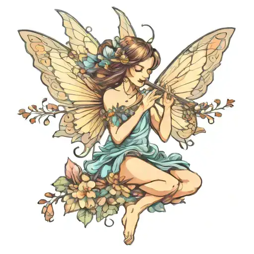 sitting fairy with wings blowing flute flowers coming out  tattoo design idea