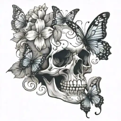 skull butterfly flowers intertwined tattoo design idea