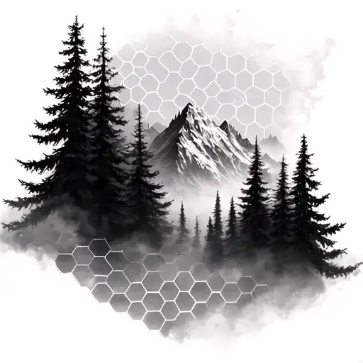 blurry mountain and trees inside honeycomb pattern design with smoke black and white tattoo design idea