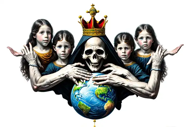 6 children, time, grim reaper, atlas holding the world on his shoulders, heavy is the crown tattoo design idea