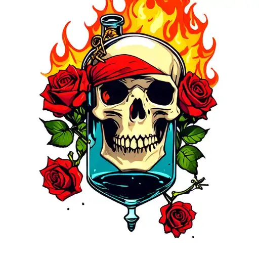 skull and roses,pirate,flaming bottle filled with flammable liquid,spider webs tattoo design idea
