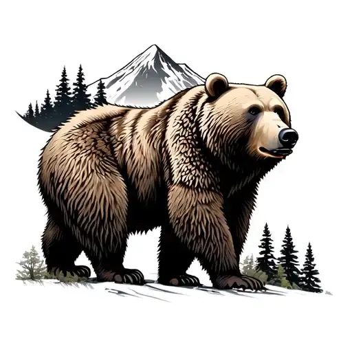 grizzly bear in a forest and mount rainier in the back tattoo design idea