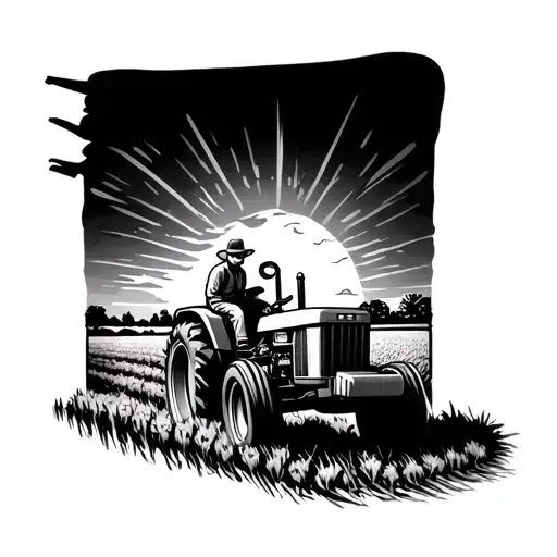 A black-grey tattoo of a farmer on a tractor, working the fields with a beautiful sunset in the background tattoo design idea