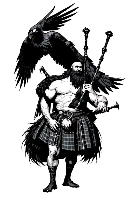 muscular bagpiper bald black beard black huge wings on his back playing the bagpipes flying crow with claws tattoo design idea