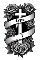 type 1 diabetic written on a banner with roses surrounded and a cross  tattoo design idea