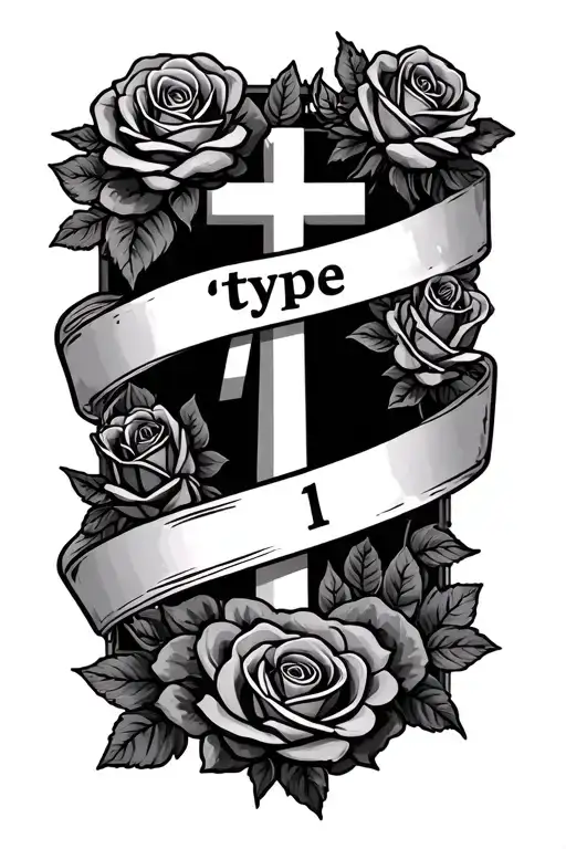 type 1 diabetic written on a banner with roses surrounded and a cross  tattoo design idea