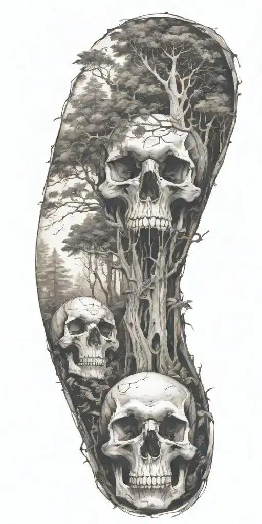 A mysterious forest scene with towering trees and hidden skulls scattered throughout tattoo design idea