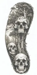 A mysterious forest scene with towering trees and hidden skulls scattered throughout tattoo design idea