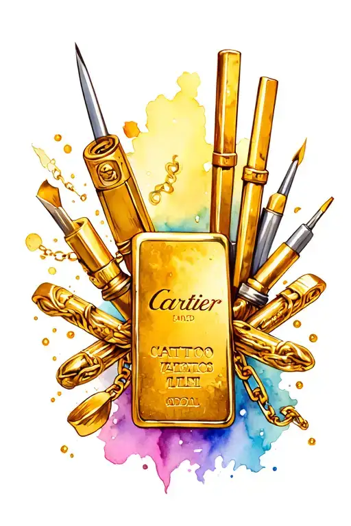 Wrist tattoo design featuring goldsmithing tools, gold bars, and a Cartier necklace tattoo design idea