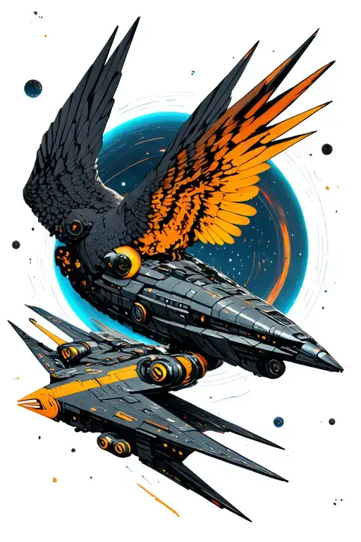 the shrike from Hyperion with the techno core AI interlaced around and planets spaceships with Hawking drive tattoo design idea